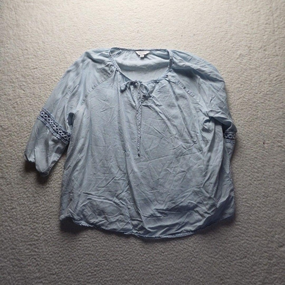 MADISONGREY Blouse Womens Plus 2X Blue Scoop Neck 3/4 Raglan Sleeve Crochet Top